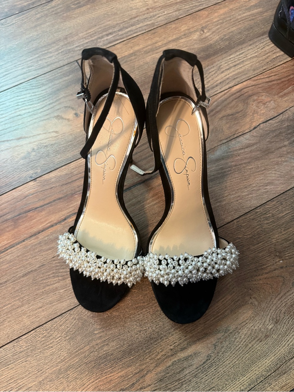 Jessica Simpson Black Pearl Cluster Ankle-Strap Heels
